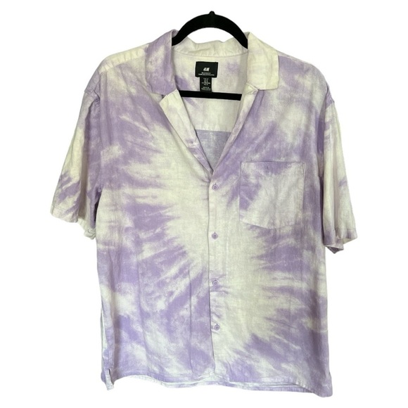 H&M relaxed fit Linen-blend Resort Shirt purple/tie dye size Medium - Picture 2 of 4